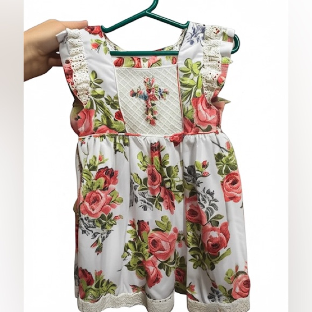 Floral Embroidered Kids Dress in White and Pink